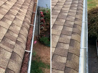 Before: Clogged residential gutter filled with leaves before professional gutter cleaning in Fairfield, Connecticut
After: Clean residential gutter after leaf and debris removal in Fairfield, Connecticut