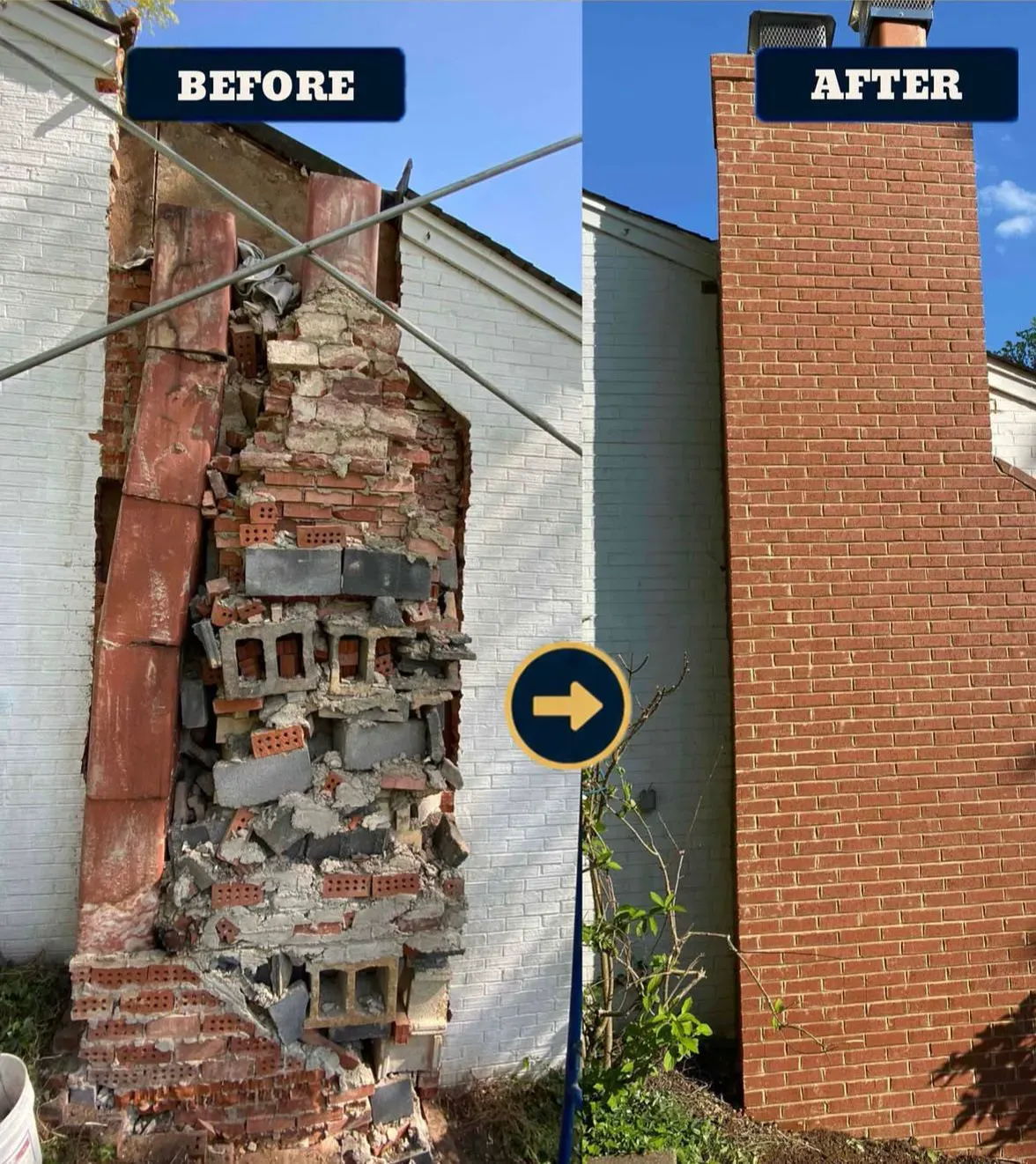 Full brick chimney rebuild, before and after — Chimney Goat project