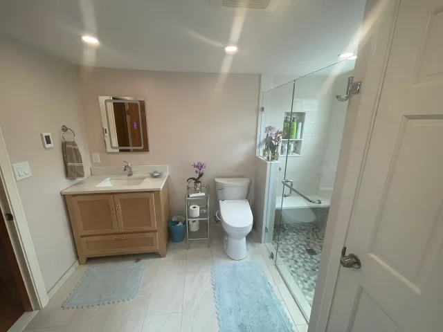 Modern bathroom with a vanity, toilet, walk-in glass shower, and light gray decor accents.