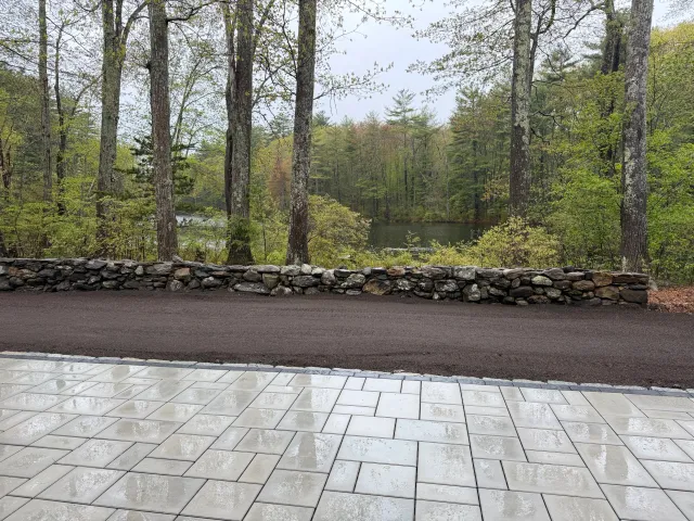 View of a forested area with tall trees and a small body of water in the background, seen from a paved patio with a stone border.