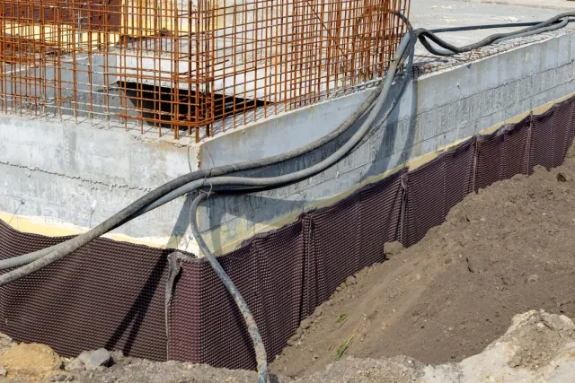 Foundation of a building under construction, showing rebar, concrete, and brown drainage material. Gray hoses run along it.