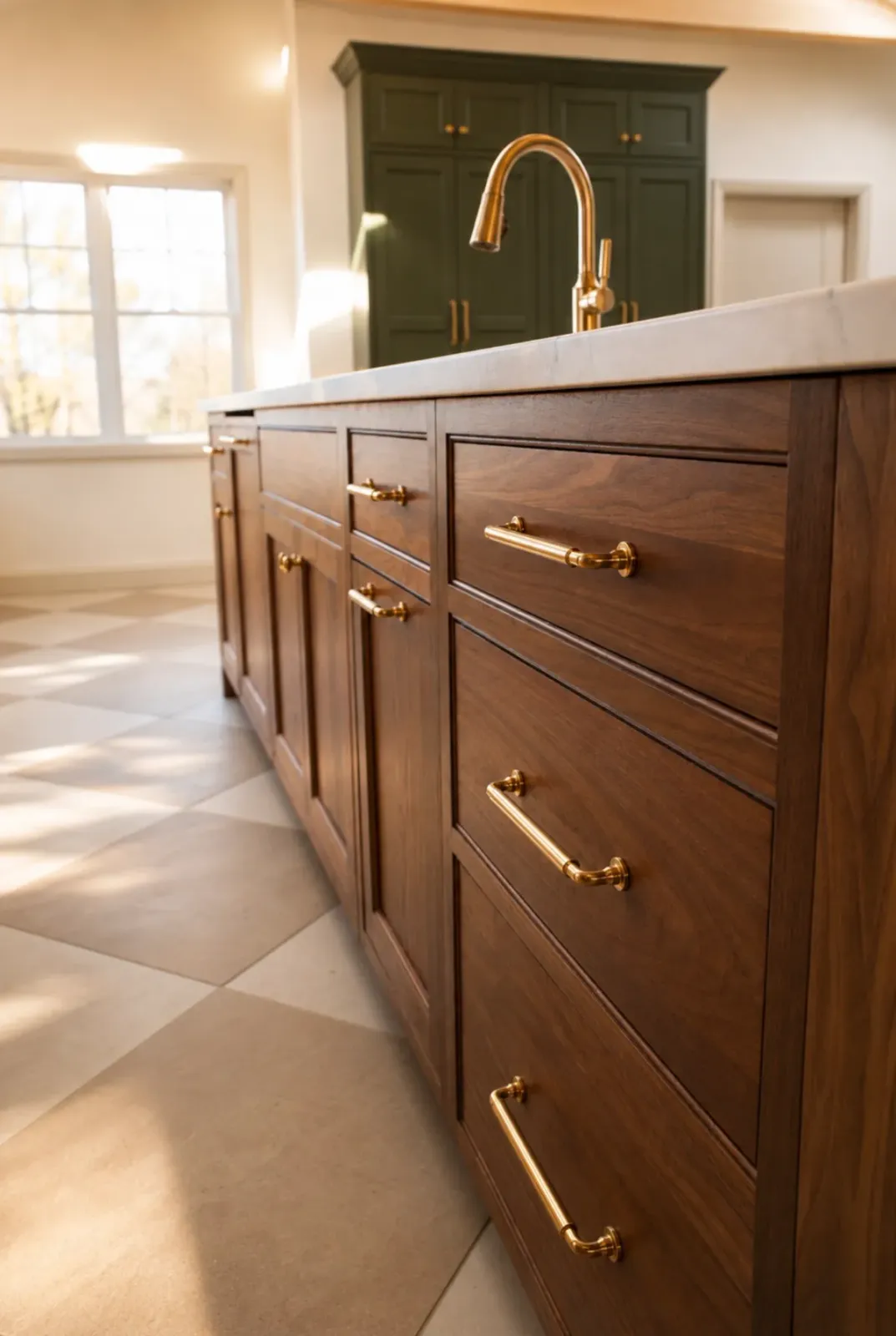 Custom walnut kitchen island with brass hardware