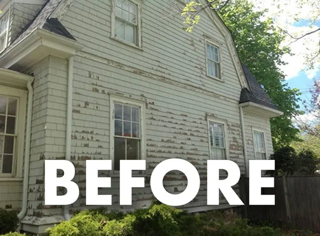 A before-completion image of a house paint job by Straight Shooters painting project in the upper Massachusetts area