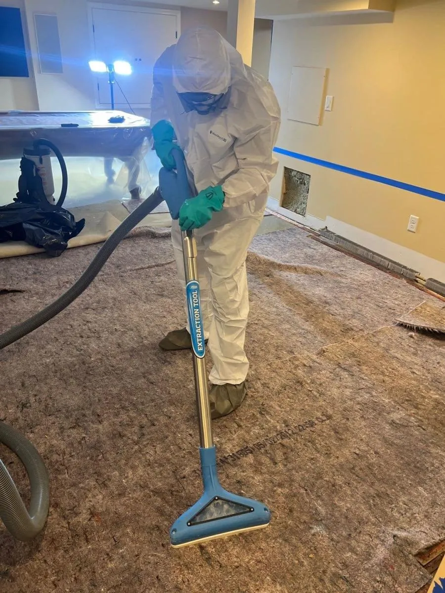 Technician in protective clothing using an extraction tool on carpet