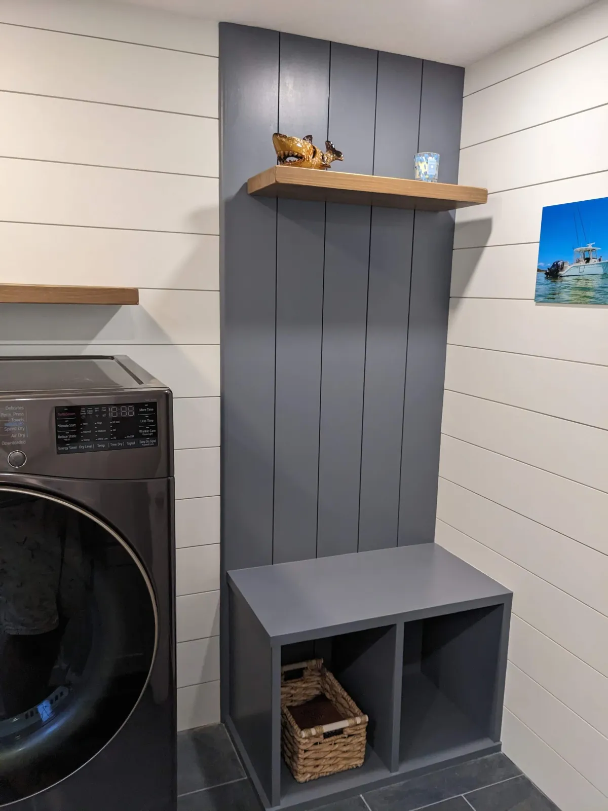 Custom carpentry services include building these shiplap walls and custom storage solutions!
