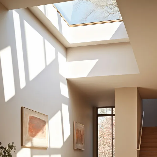 A hallway bathed in bright sunlight from a skylight, featuring cream-colored walls and framed abstract art.