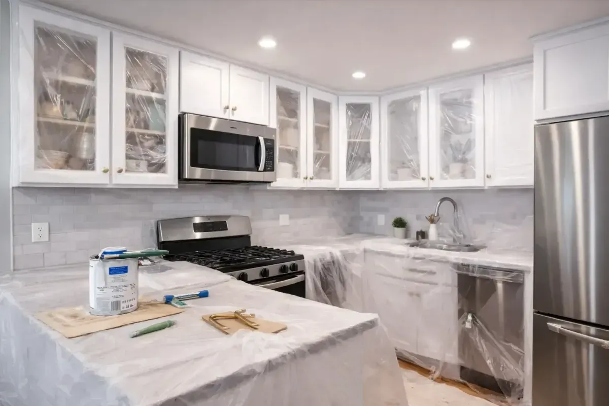Cabinet painting service showing protected kitchen cabinets and freshly painted finishes in a Waltham, MA home