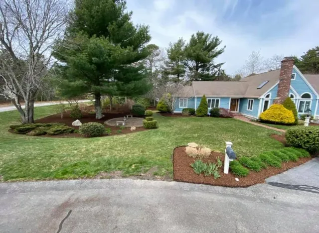 Natural stone path with fresh mulch bed installation