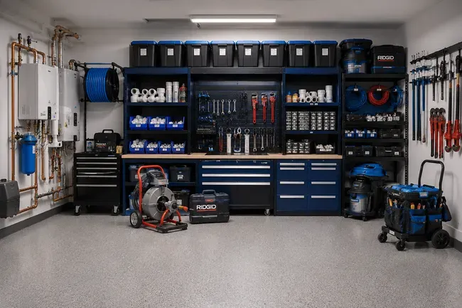 Neatly organized garage workshop with blue tool cabinets, shelves, and power tools under bright overhead lights