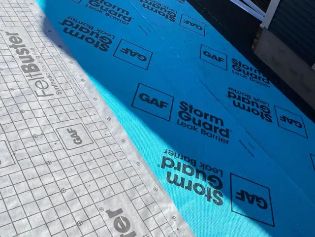 Blue roofing underlayment labeled