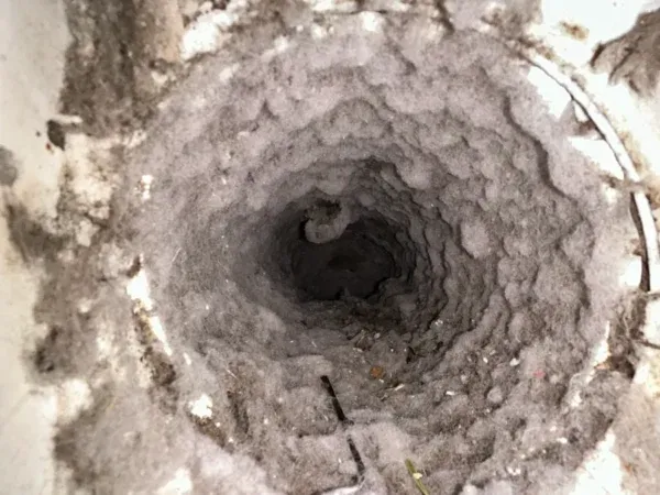 Dryer vent outlet clogged with lint before cleaning
