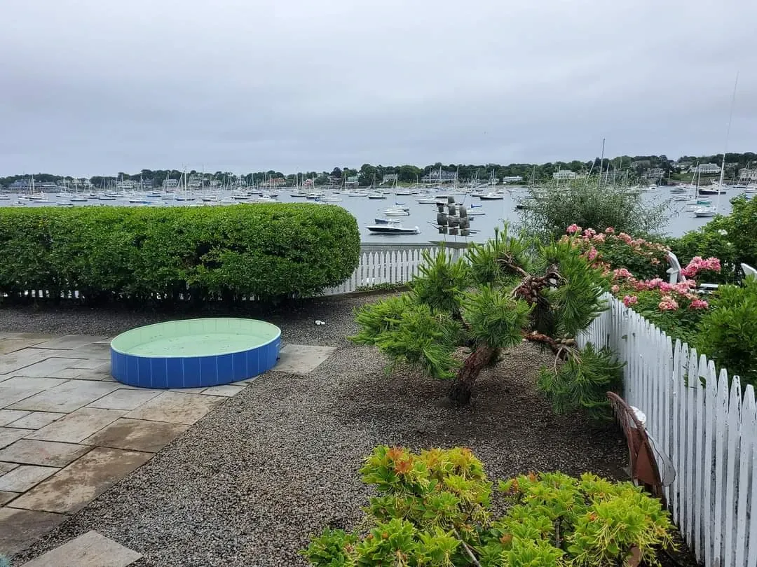 Harbor garden with a blue round cover on stone paving and trimmed hedges before a white fence and sailboats on gray water