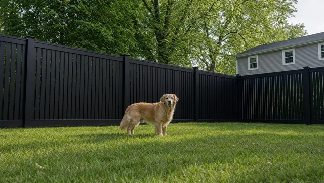 A golden retriever standing in a fenced backyard beside a tall dark privacy fence
