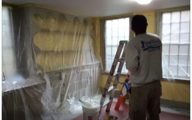 Person painting a room while another wall is covered in plastic sheeting, with a ladder and window light nearby
