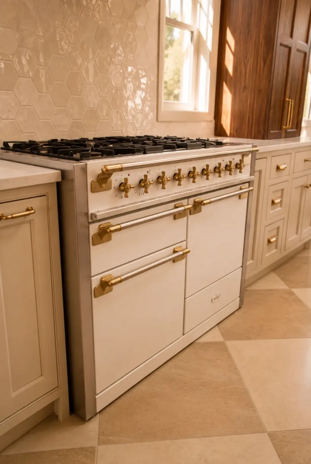 Kitchen range with brass details and custom cabinetry