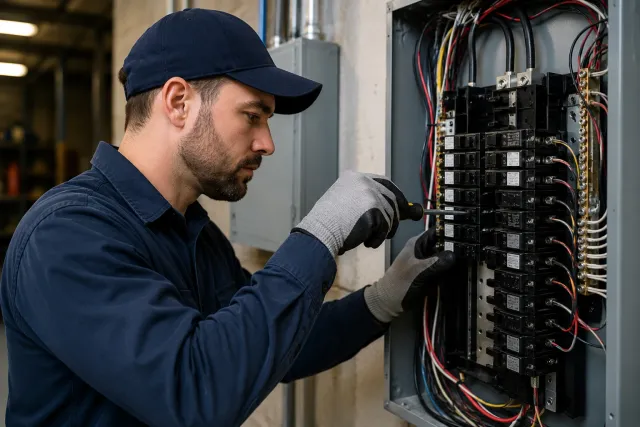 Electrician working on a circuit breaker panel with tools.