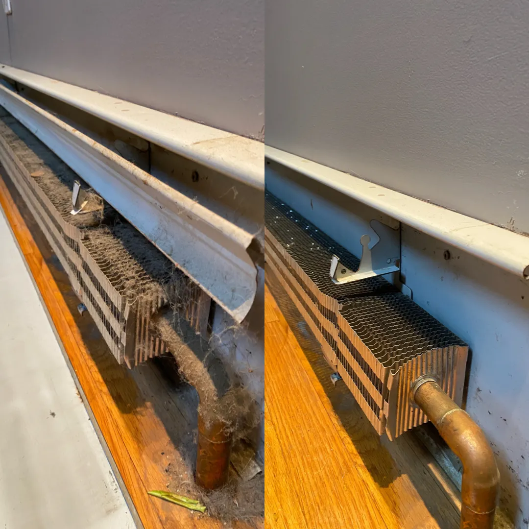Comparison of an heater floor vent before and after deep cleaning, showing a dirty, dusty vent on the left and a clean, dust-free vent on the right.