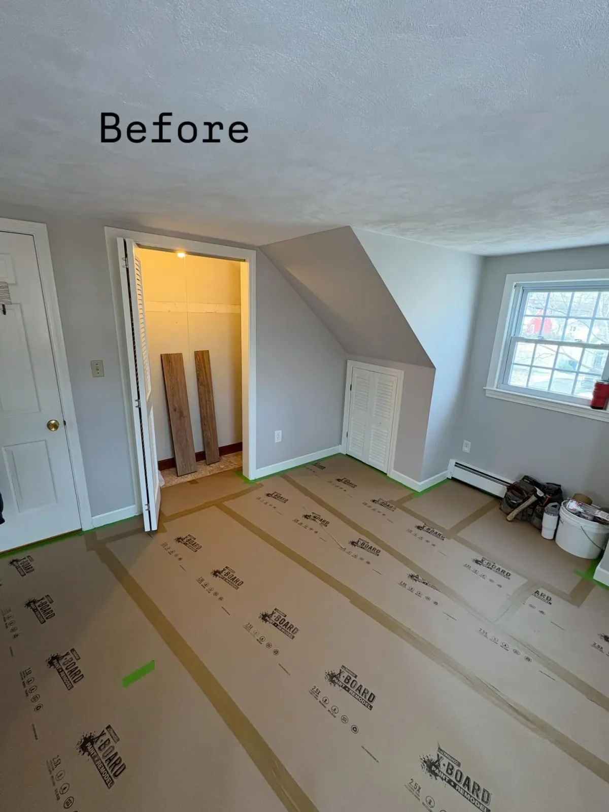 This Cape&rsquo;s primary bedroom barely had any closet space, but the layout made it perfect for adding a custom walk-in.

I framed the new space, Atlantic Plastering handled the blue board and plaster, and I came back to install the baseboards and