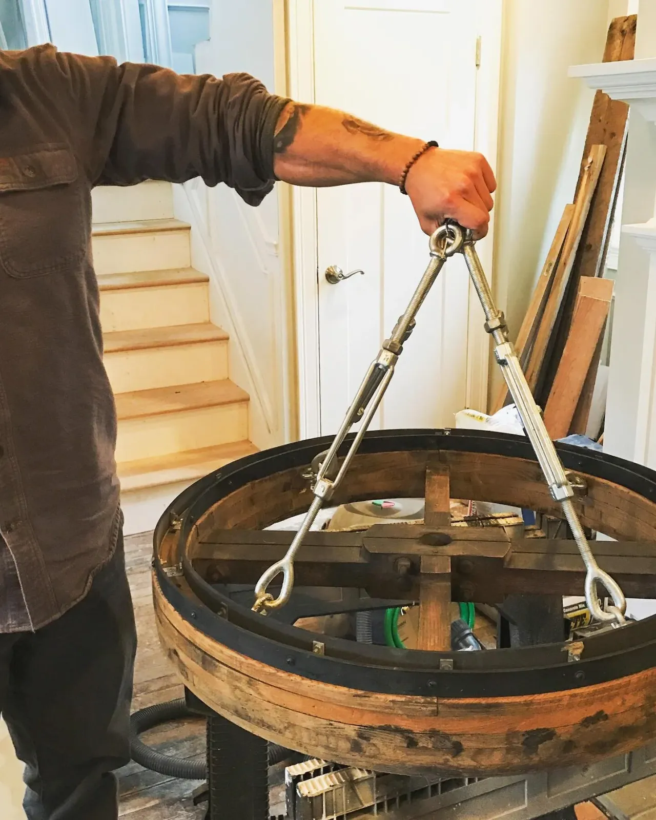 John is not only our Project Manager, he&rsquo;s our Master Craftsman. If we can&rsquo;t find the perfect statement piece for a space, he&rsquo;ll build it either from scratch or repurposed materials like this Antique Wooden Pulley we picked up from