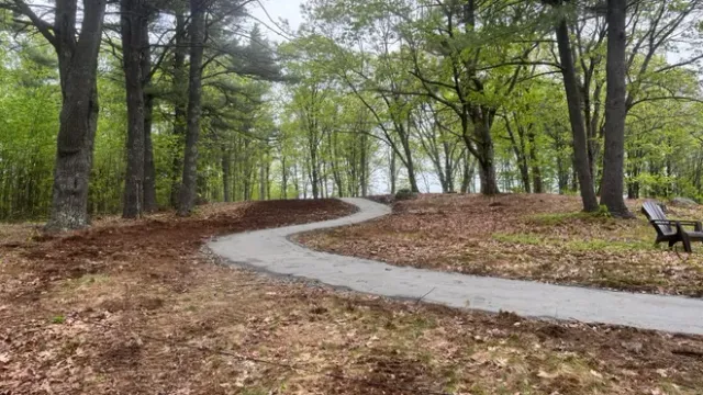 Winding paved path through a wooded area with trees and a park bench.
