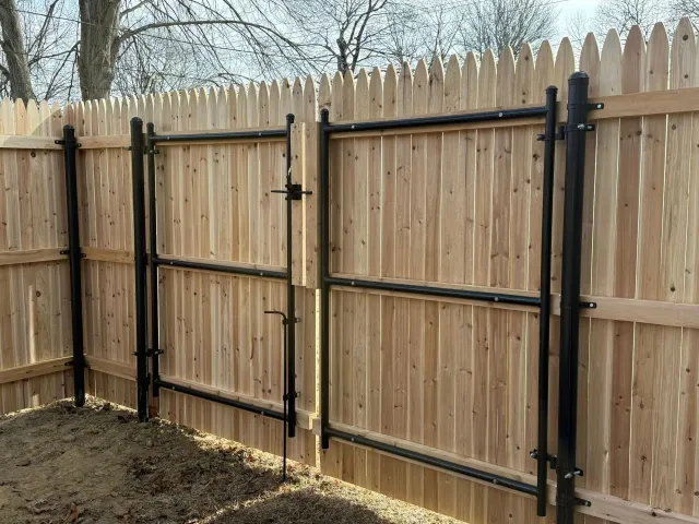 Wooden fence with two black framed gates, closed.