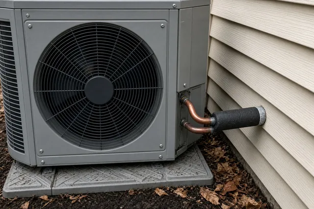 Heat pump condenser installed beside a Connecticut house