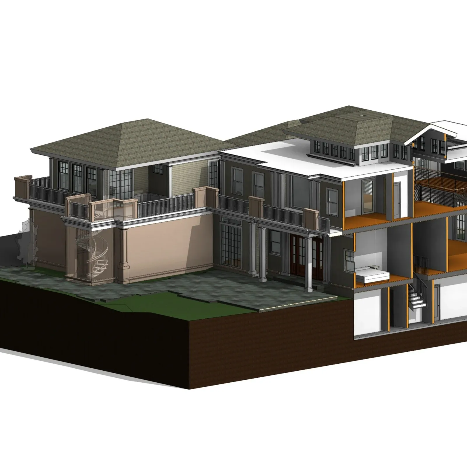 Cross-section view of a multi-story house showing various rooms, balconies, and an exterior staircase with landscaping.