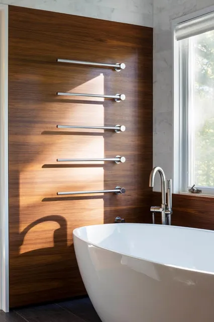 Standalone bathtub with custom wood panel accent wall