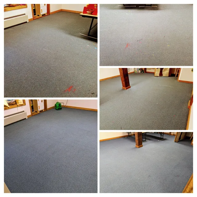 A collage of four pictures of a carpeted floor