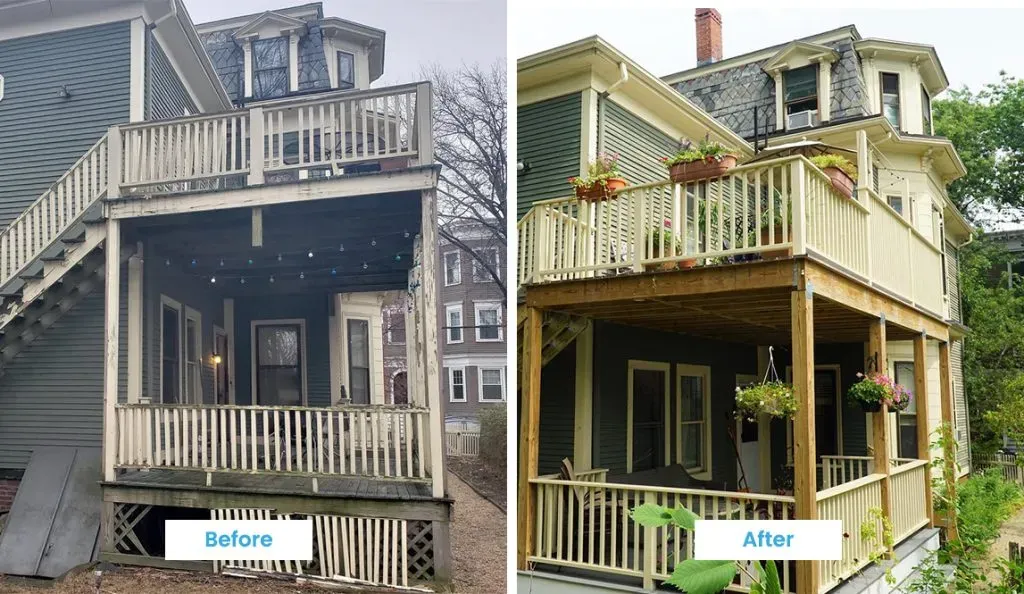 before and after photos of a two-story deck complete rebuild by Dexkos
