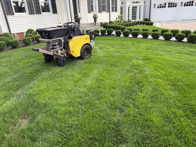 A yellow and black lawn fertilizer machine is parked on a green lawn in front of a house with white siding, windows with shutters, and a landscaped garden with shrubs and potted plants.