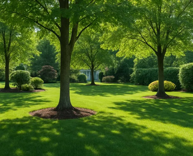 A beautifully maintained backyard featuring mature shade trees, trimmed shrubs, and lush green grass, representing the results of expert tree and plant health assessments by P.C. Hoag & Co.