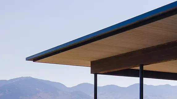 Modern architectural gutter system on contemporary flat-roof home with wood soffit and mountain backdrop