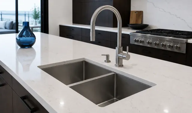 White quartz kitchen island with undermount double sink, stainless steel faucet, and dark wood cabinetry