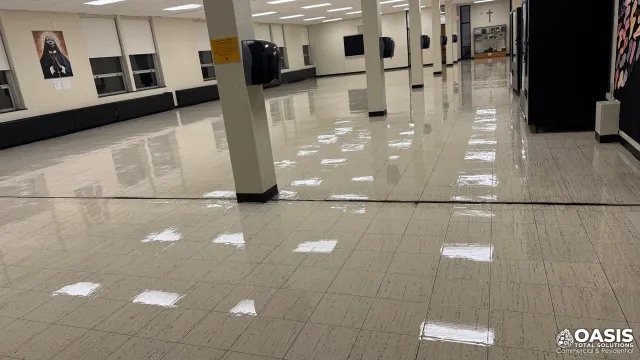 School cafeteria floor with a high-gloss commercial finish