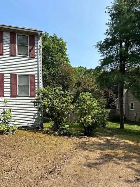After tree removal: clear side yard next to a white house with red shutters