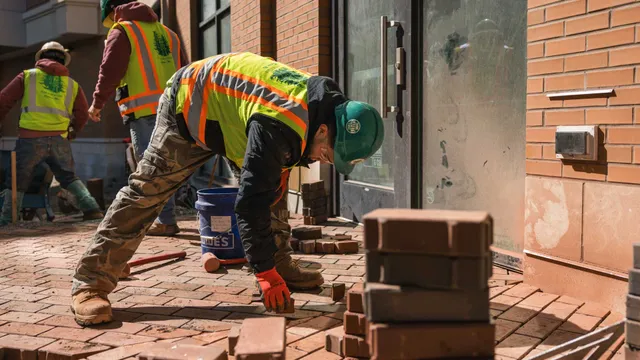 Construction workers in safety vests and helmets laying bricks on a sidewalk outside a building.