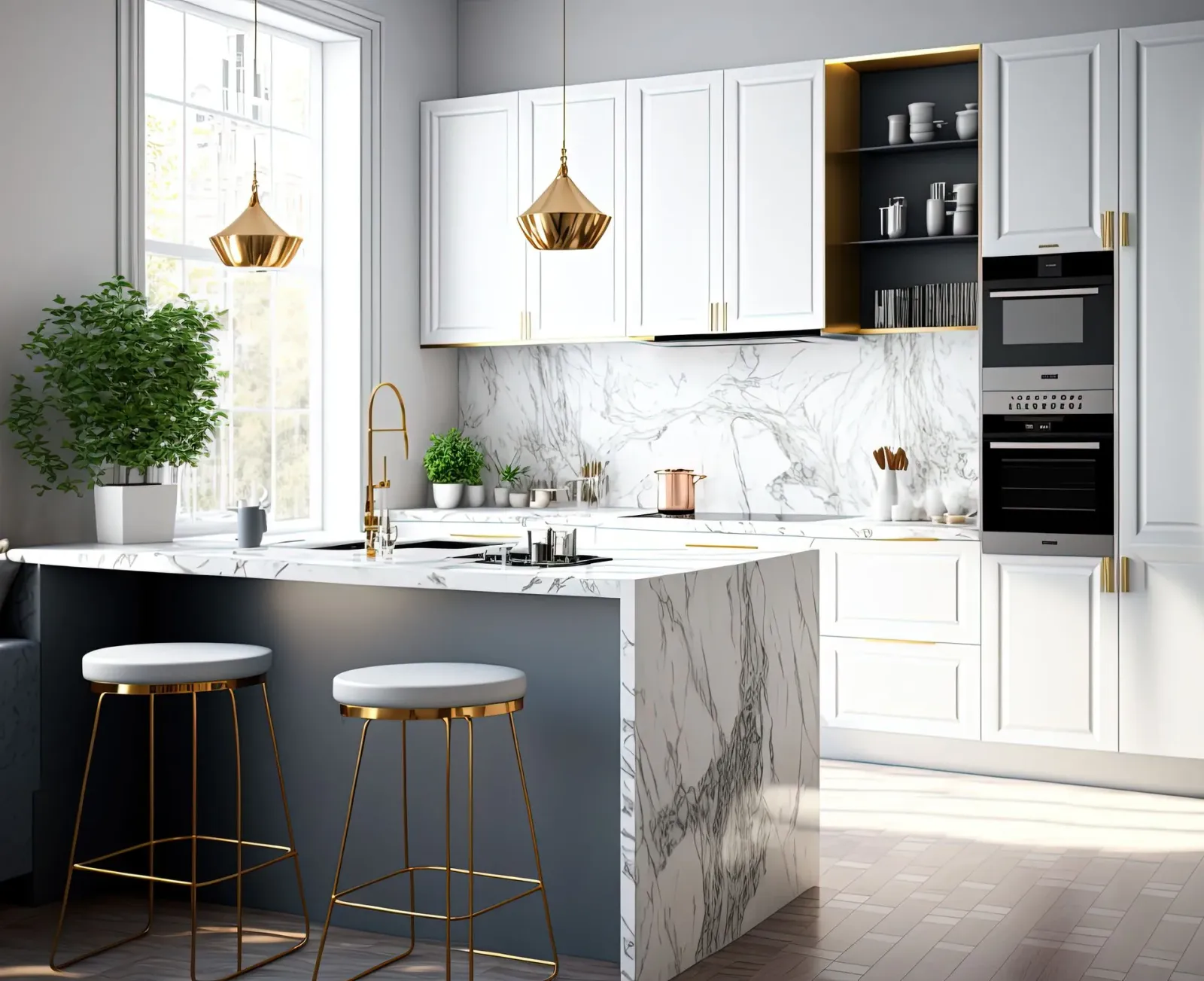 A kitchen with white cabinets and marble counter tops
