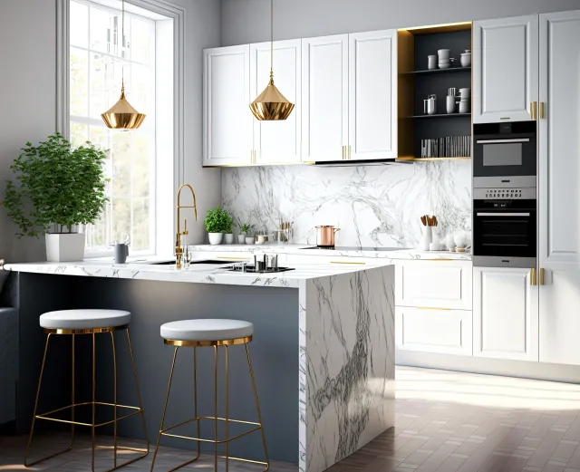 A kitchen with white cabinets and marble counter tops