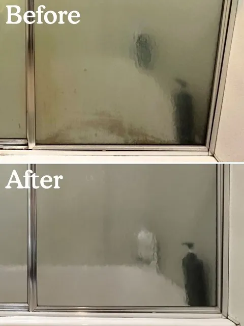 Before-and-after photo of a glass shower door with heavy mineral and soap buildup, followed by a much cleaner glass surface after cleaning.