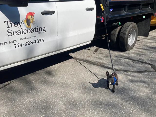 Troy Sealcoating LLC service truck and a dog with a leash