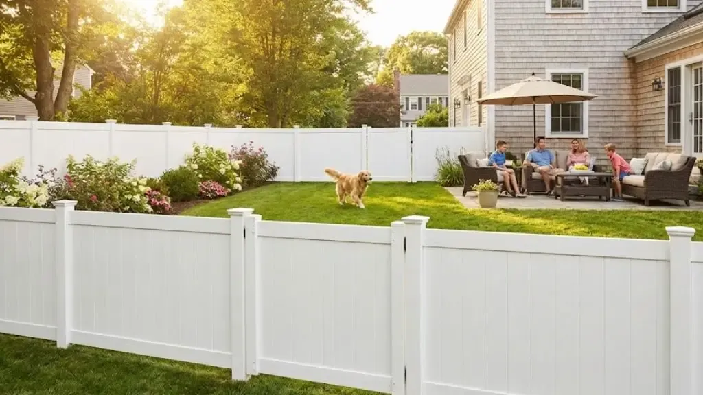 White vinyl privacy fence and lush backyard in West Newbury, featuring a dog and family enjoying outdoor living space.