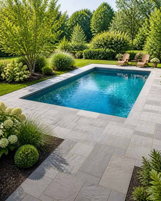 In-ground pool ringed by a bluestone patio and planting beds by GOAT Hardscape in Newton, MA