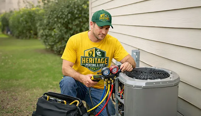 Heritage Heating and Air technician maintaining HVAC unit