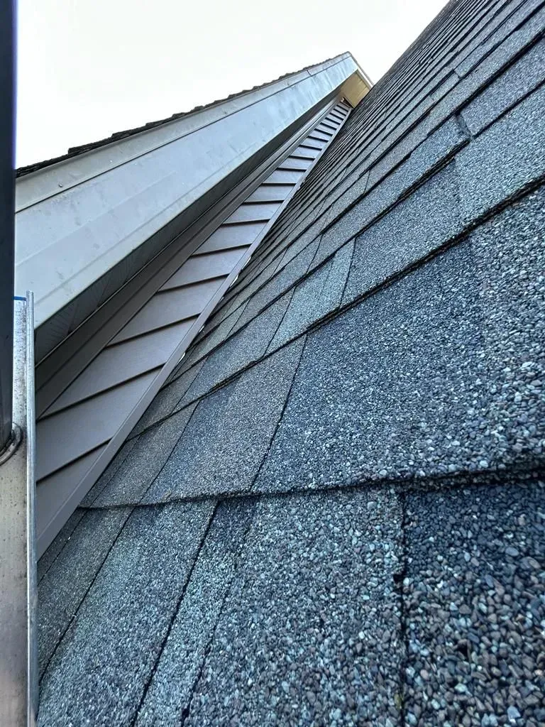 A close-up of a roof with shingles and a chimney.