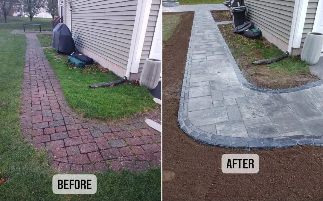 Before-and-after of a brick walkway replaced with a smooth concrete path along a house.