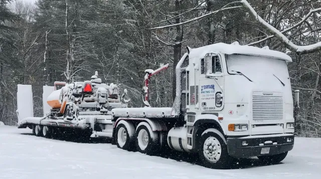 A white semi truck is parked in the snow with a trailer attached to it.
