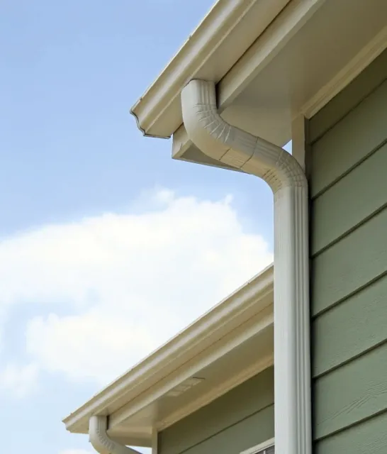 Close-up of the corner of a house showing gutters and downspouts, with a blue sky and clouds in the background.