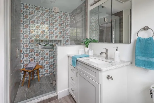 Finished high-end bathroom remodel, plumbing by Ferguson Plumbing Design
