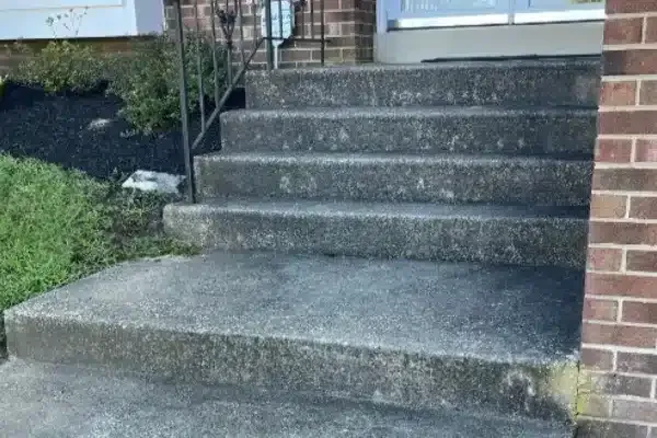 Before: Concrete steps leading up to a brick entrance, with a handrail on the left and greenery on the right.